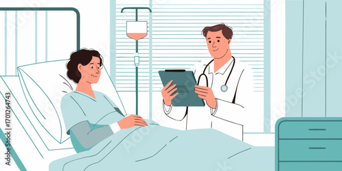 Doctor consulting with a smiling female patient lying in a hospital bed with an iv drip