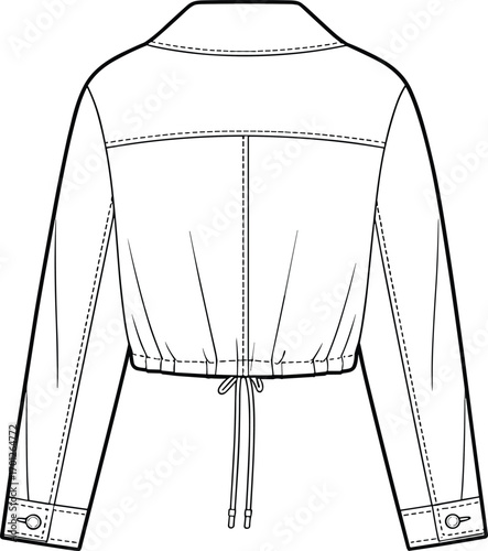 Women’s jacket back view flat sketch, casual outerwear vector template, cad drawing fashion illustration, stylish coat design, apparel technical flat