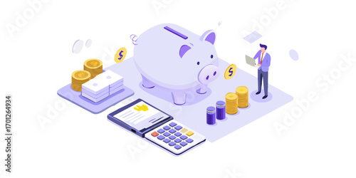 Isometric illustration of a businessman managing finances with a piggy bank calculator and stacks of coins