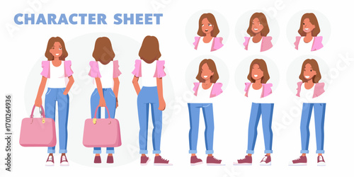 Female character sheet showing front back and side views with multiple facial expressions