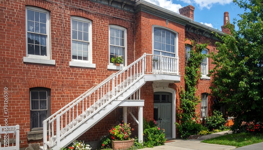 Fototapeta premium Exterior view of a charming red brick building, showcasing a set of white stairs leading to an upper level with a balcony and colorful flowers and plants in planters.