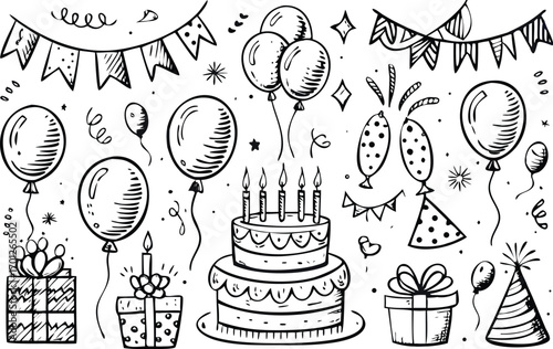 Hand drawn doodle elements for birthday celebration 
