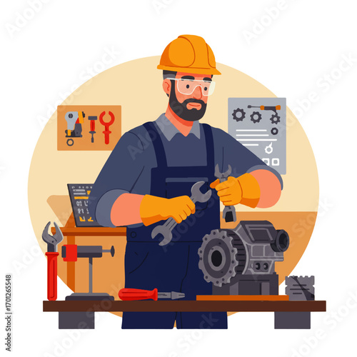 A bearded mechanic wearing a hard hat and gloves is repairing a machine with a wrench in a workshop setting.