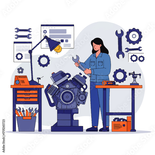 A female mechanic stands in a workshop holding a wrench, working on an engine with tools and diagrams around her.