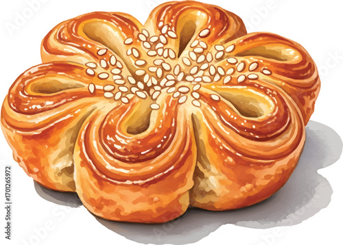 A flower-shaped pastry topped with sesame seeds, showcasing golden-brown swirls and a soft, inviting texture.