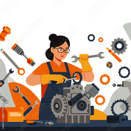 Illustration of a woman mechanic wearing gloves and glasses, repairing an engine with wrenches, surrounded by tools and gears.