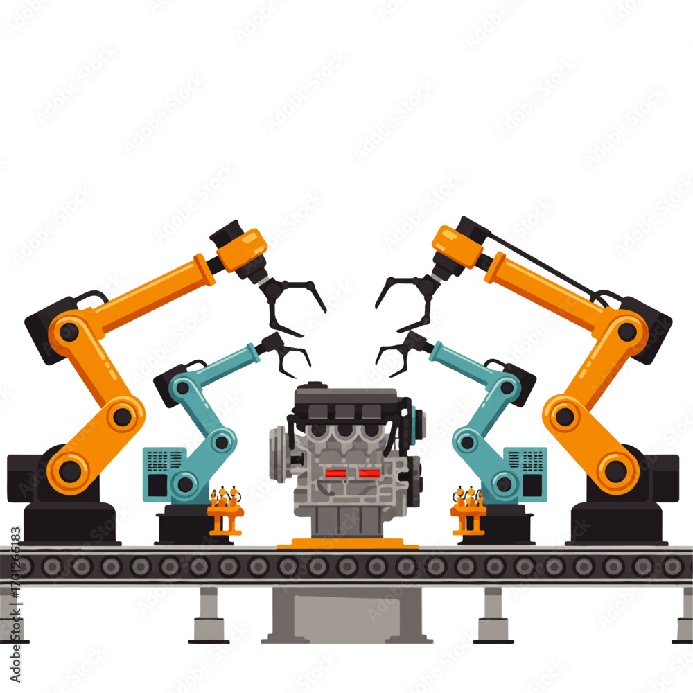 Fototapeta premium Illustration of an engine on a conveyor belt being worked on by four robotic arms in a factory setting.