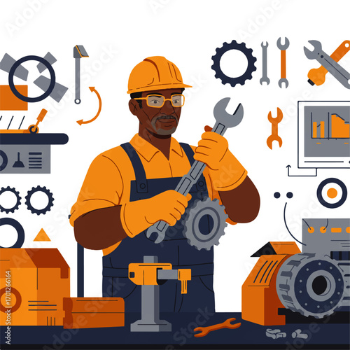 Illustration of a dark-skinned mechanic wearing a hard hat and gloves, holding a wrench and gear, surrounded by various tools and machinery components.