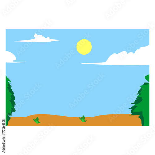 A simple cartoon landscape featuring a blue sky with the sun and clouds, a tan ground, and green trees on either side.