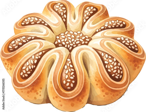Flower-shaped pastry with sesame seeds, golden brown, and intricate design.