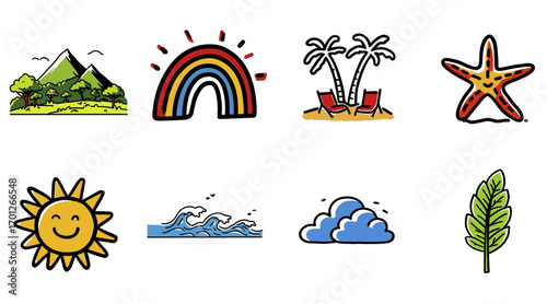 Eight Colorful Hand-drawn Nature Icons Bundle for Natural Themes