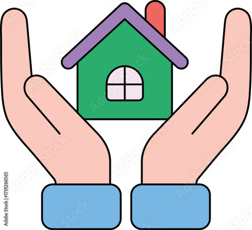 Hands Holding Green House Icon with Purple Roof and Chimney home