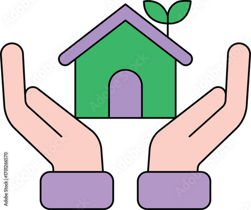 Hands Holding Green House with Sprouts and Purple Cuffs caring protecting
