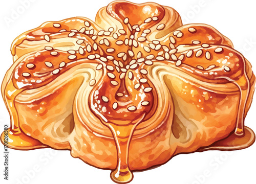 Sweet pastry with honey and sesame seeds illustration.