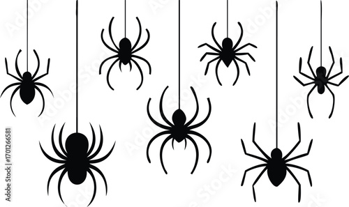 Black Silhouette Spiders Hanging on White Background 
