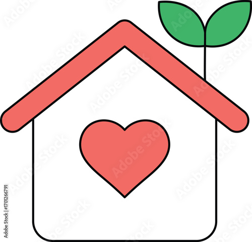 Simple house icon with heart and growing plant on white background home love