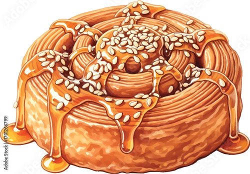Illustration of a sweet pastry roll drizzled with caramel and sprinkled with sesame seeds.