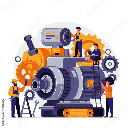 Illustration showing a team of mechanics repairing a large machine with gears, using tools and a ladder.