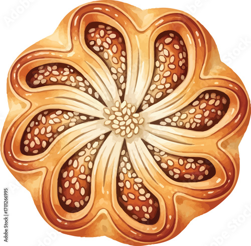 Watercolor illustration of a pastry with sesame seeds in a flower shape.