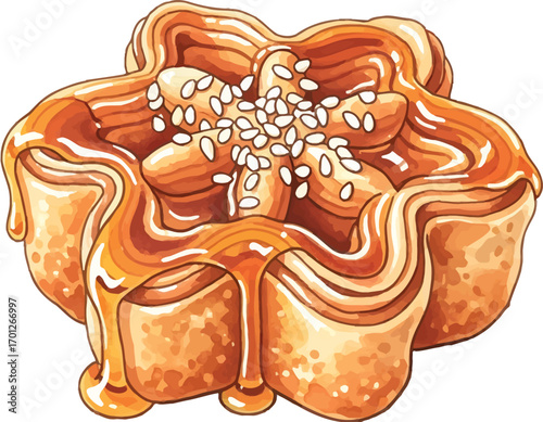 Illustration of a sweet pastry with sesame seeds and dripping syrup.