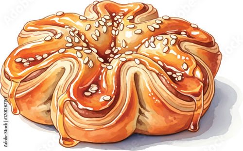 Watercolor illustration of a sweet bun with honey and sesame seeds.