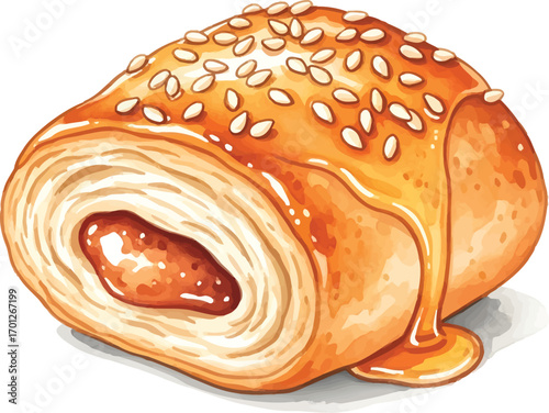 Sweet roll with filling, drizzled with honey and sprinkled with sesame seeds.