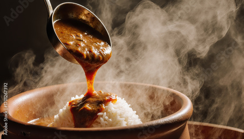 Steaming curry sauce being ladled over mound of white rice in clay bowl, savory aroma rising and warm spices creating inviting comfort