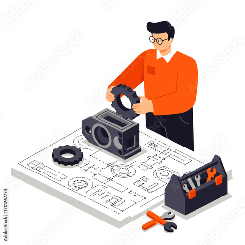 Man in orange sweater assembles a mechanical part on a blueprint, with a toolbox and additional tools nearby.