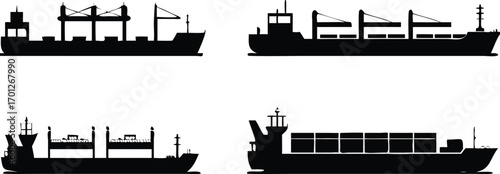 Collection of black silhouette illustrations representing various cargo ship designs and transport 