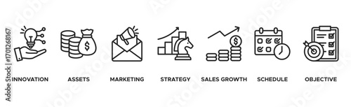 Business plan banner web icon vector illustration concept with icon of innovation, assets, marketing, strategy, sales growth, schedule, and objective