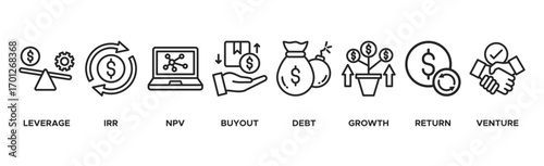 Private Equity banner web icon vector illustration concept with icon of leverage, irr, npv, buyout, debt, growth, return, and venture