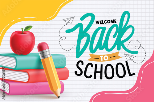 Welcome back to school greeting text clipart background. School books and pencil educational elements clip art in grid abstract background vector illustration.
