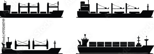 Collection of black silhouette illustrations representing various cargo ship designs and transport 