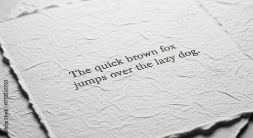 Typographic display on textured surface with complete sentence printed dark ink