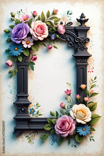 A beautifully crafted frame adorned with various roses and wildflowers creates a charming decorative piece, ideal for showcasing photographs or artwork. Generative AI.