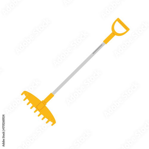 Gardening tool with yellow handle and metal rake head for yard work and landscaping tasks