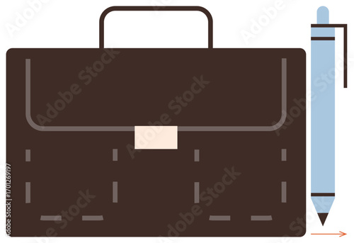 Brown briefcase with handles beside a blue ballpoint pen, conveying work, organization, and professionalism. Ideal for business, career, job search, office productivity management success. Clean