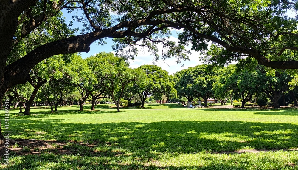 Obraz premium A majestic, sprawling oak tree stands proudly in the park, its thick trunk supporting a lush canopy of vibrant green leaves, providing ample shade below.