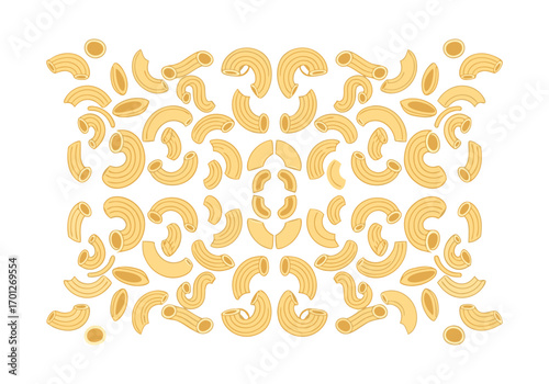 A vibrant illustration of macaroni pasta gorfou in a creative pattern on a white background for culinary designs