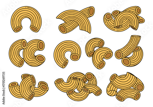 A set of macaroni pasta vector illustrations in golden color with black outlines gorfou macaroni vector graphics for food design elements