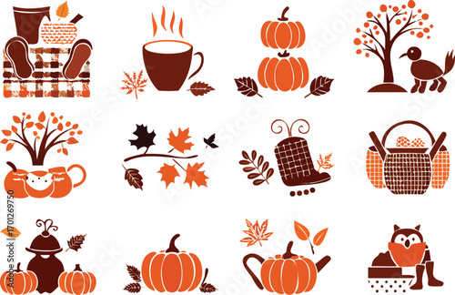 Autumn themed illustrations and icons fall season 
