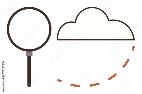 Magnifying glass near a cloud outline with dashed arc suggesting analysis, investigation, or search. Ideal for technology, data, connection, inspection, exploration research discovery. Minimalist