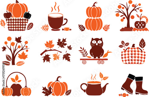 Autumn themed illustrations and icons fall season 
