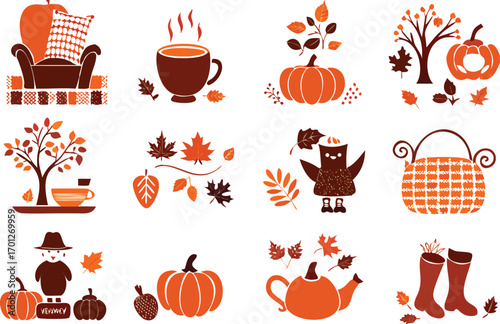 Autumn themed illustrations and icons fall season 
