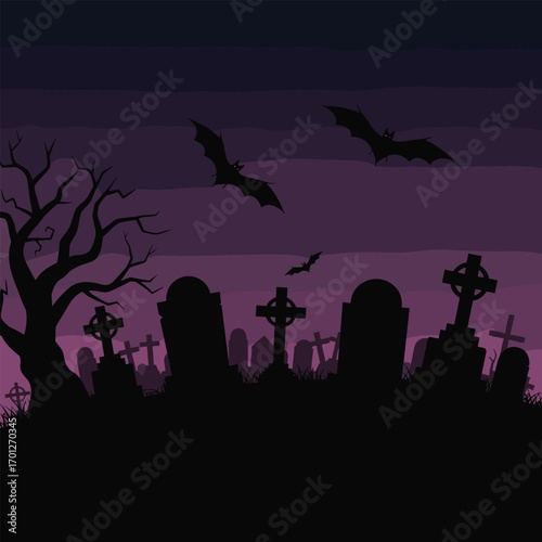 Spooky cemetery at twilight with flying bats and creepy trees silhouette