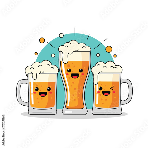 Three joyful glasses of beer featuring cute cartoon faces expressing happiness and merriment
