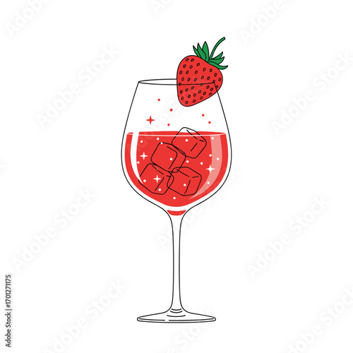 A refreshing red cocktail with fresh strawberry garnish and ice cubes in a wine glass
