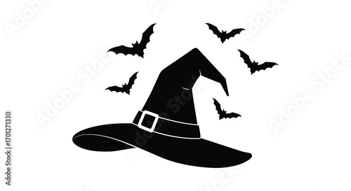 a witch hat surrounded by flying bats in spooky night
