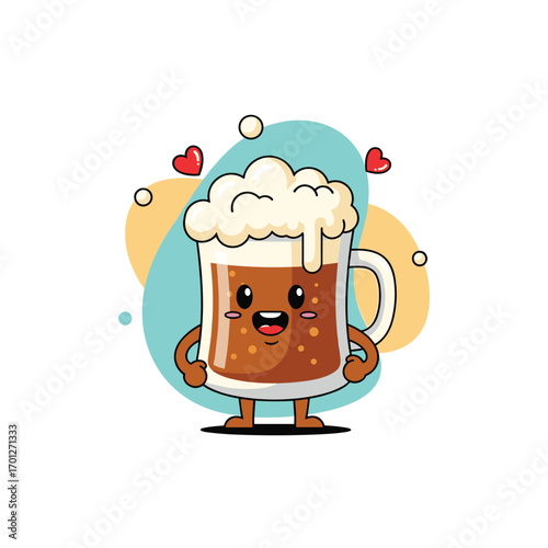 Cute kawaii beer mug character with hearts and bubbles delightful beverage fun