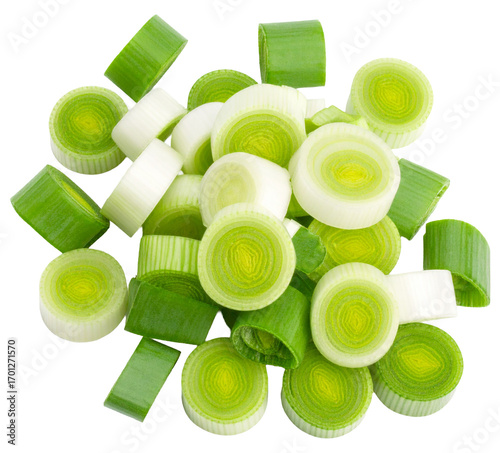 Canvastavla pile of leek chopping slices isolated on white background